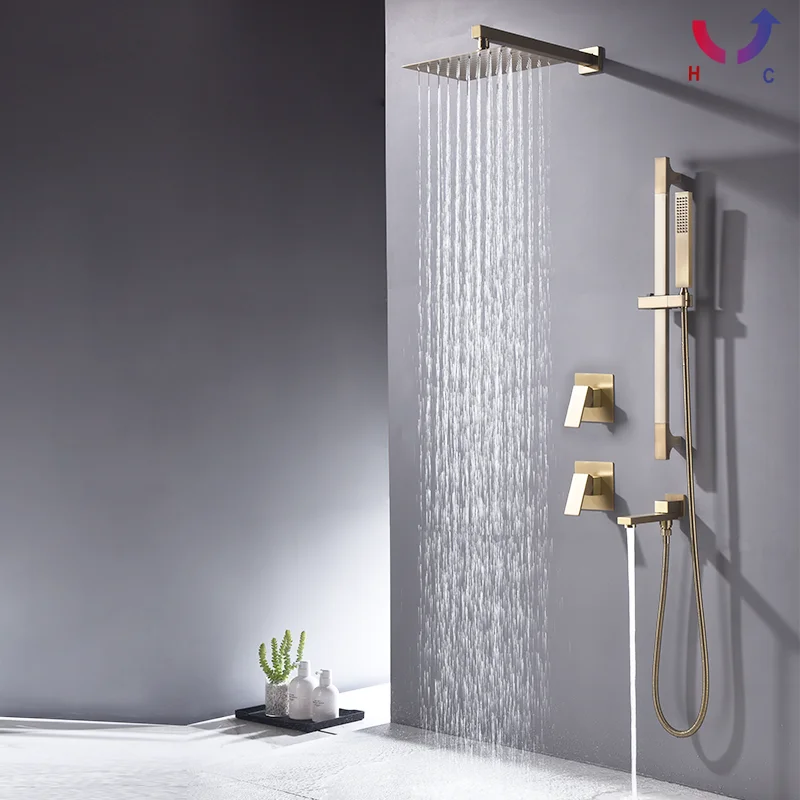 Hidden Brushed Gold Bathroom Shower Faucet Set Wall Mounted Adjustable Handheld Shower Full Copper Hot and Cold Mixing Faucet