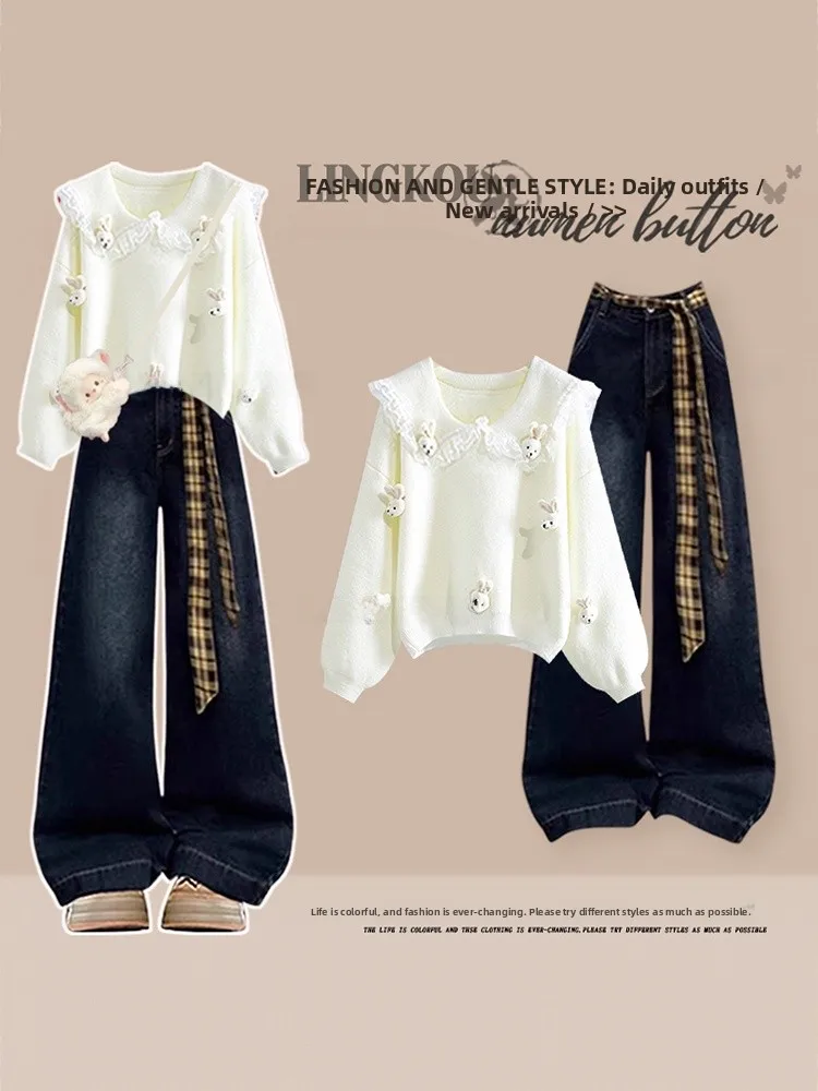 

Korean Style Anti-Aging Autumn Winter Knitted Sweater And Slimming Jeans Women's Fashion Set Casual Long Sleeve Two-Piece Suit