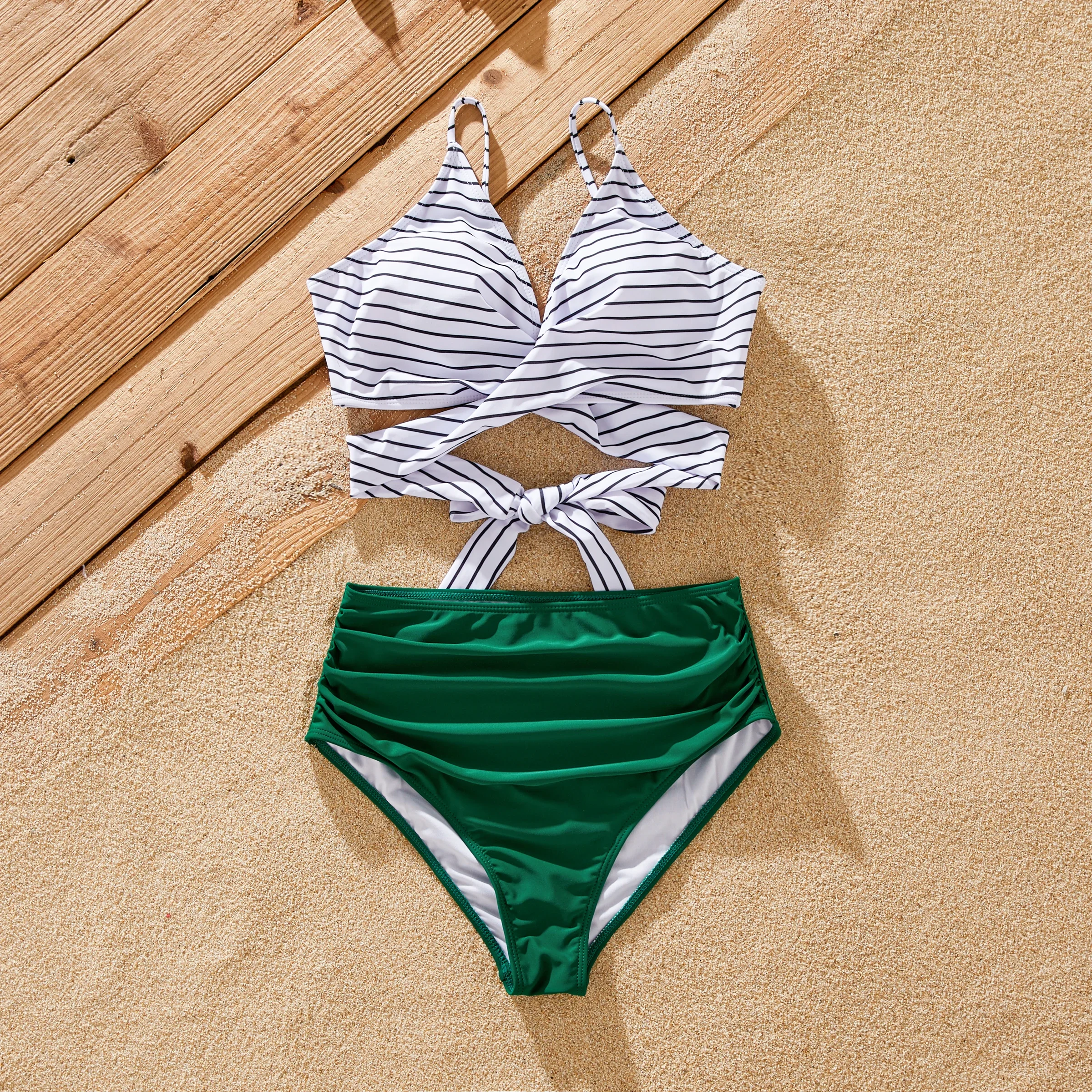 PatPat Family Matching Color Block Drawstring Swim Trunks or Stripe Cross Front Two-Piece Swimsuit Suitable for Summer Season