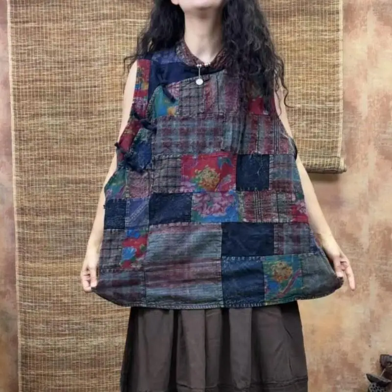 

Spring Autumn Arts Style Women Sleeveless Loose Mandarin Collar Vest Coats Vintage Print Patchwork Design Cotton Linen Vest TS74