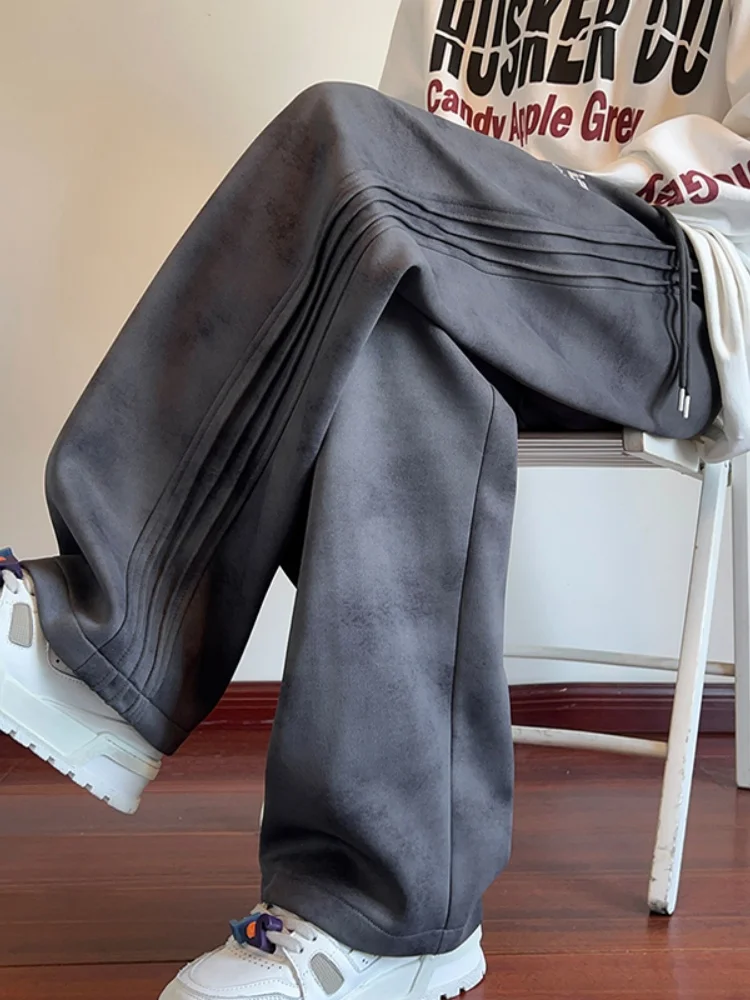 

Мужские прямые брюки с эффектом окрашивания, весенне-осенние, в американском стиле, из плотной ткани, модные ретро-спортивные штаны с боковыми складками