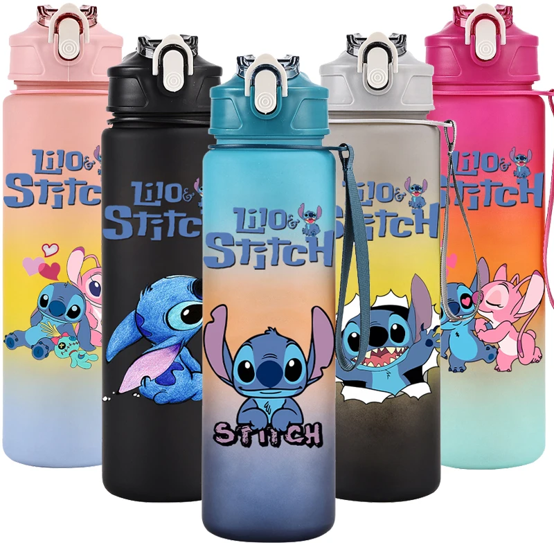 Disney Lilo Stitch Plastic Straw Water Cup Sports Water Bottle Outdoor 750Ml Large Capacity High Value Camping Drinking Tools