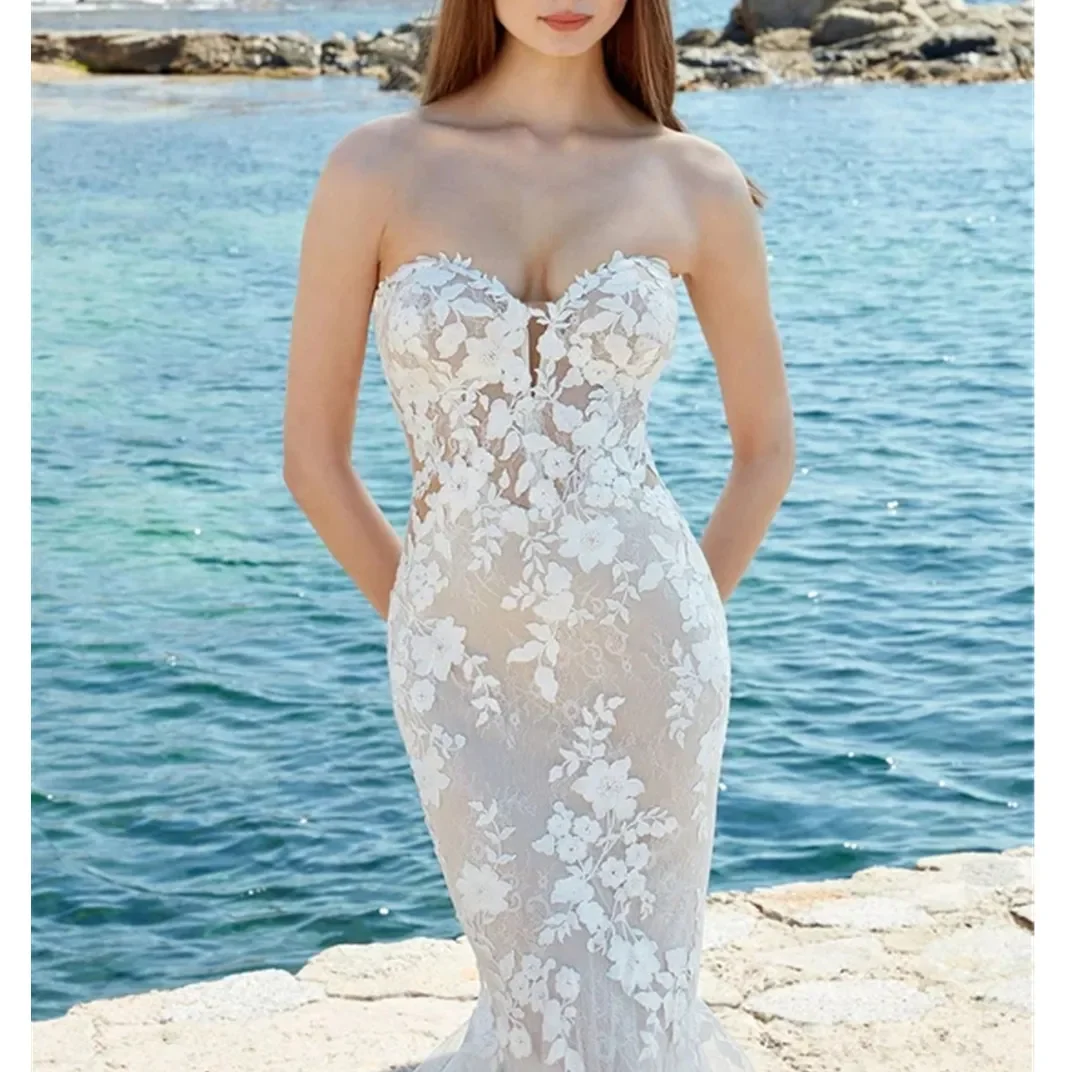 Abito da sposa in pizzo principessa moda spiaggia schiena nuda applique Sweetheart sirena abito da sposa in tulle con maniche staccabili