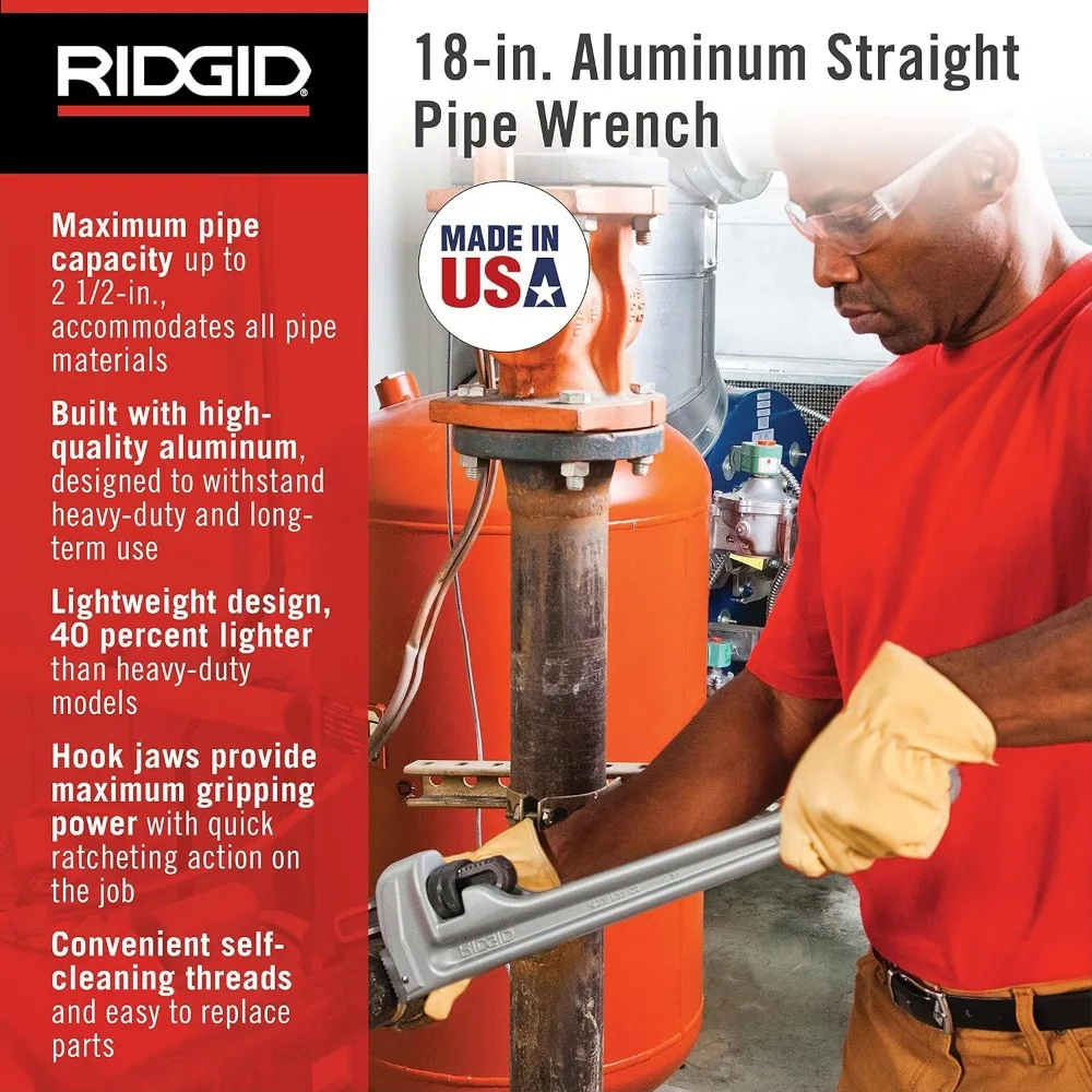 Ridgid 31100 موديل 818 مفتاح ربط أنبوب مستقيم من الألومنيوم مقاس 18 بوصة للسباكة