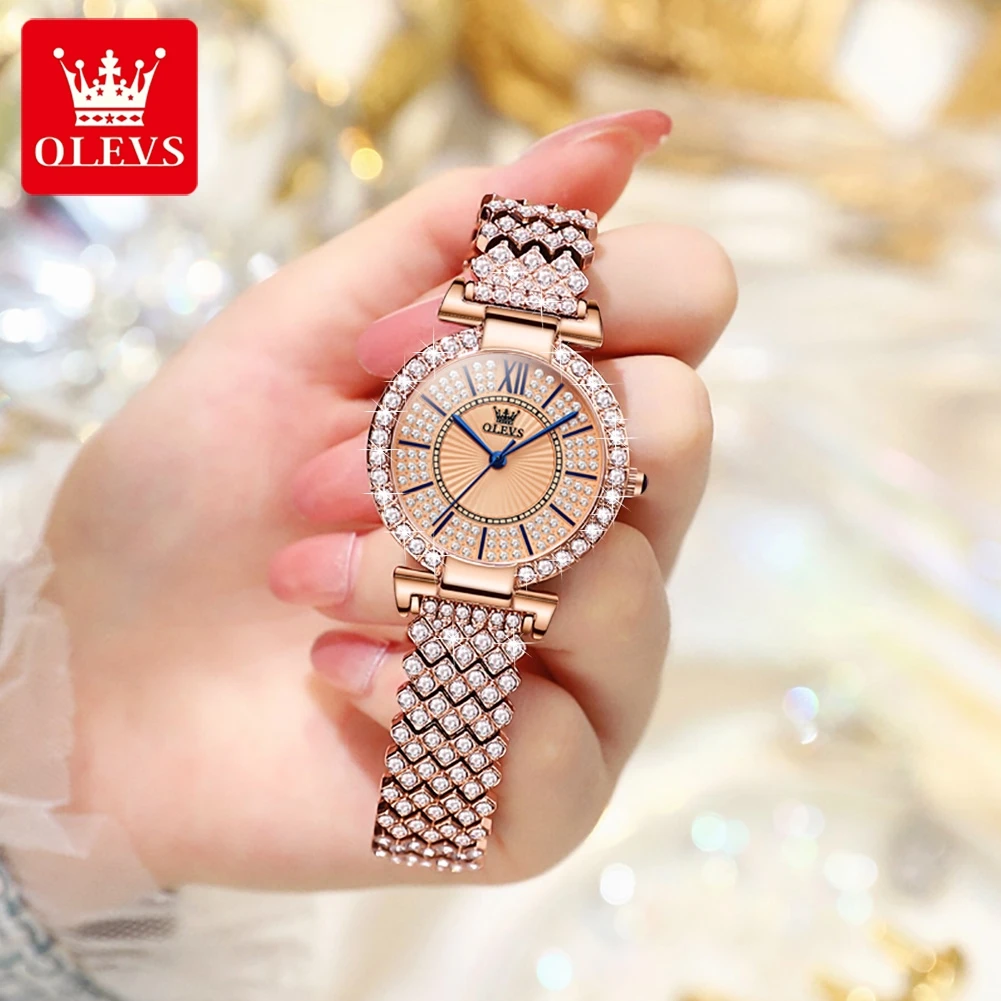 OLEVS 9942 Full Diamond Luxury Quartz Watches for Women Fashion Elegant Rose Gold Steel Strap Waterproof Ladies Dress Wristwatch