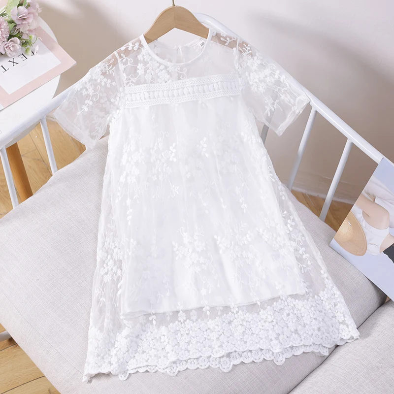 

New Summer Baby Kids White Lace Dress for Girls Clothes School Outfits Short Sleeve Children Teenagers Costumes 6 8 10 12 Years