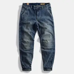 Men's Dark Blue Distressed Denim Cargo Pants with Knee Patches Loose Fit Cuffed Ankle Jeans Casual Leggings Drawstring Trousers
