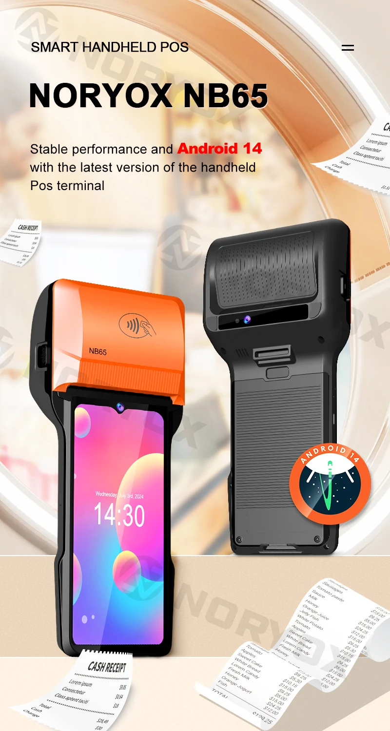 

Noryox NB65 6.5' Android 14 Handheld POS Terminal with label Printer Restaurant Order Management System