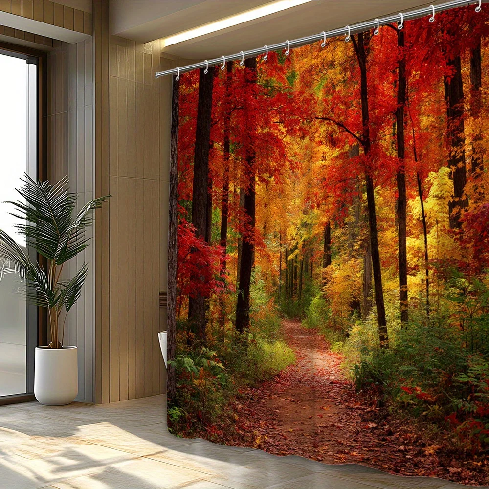 1pc Autumn Forest Path Shower Curtain - Tall Slender Trees with Red, Orange, Yellow Foliage & Leaf-Covered Ground in Lush Woodla