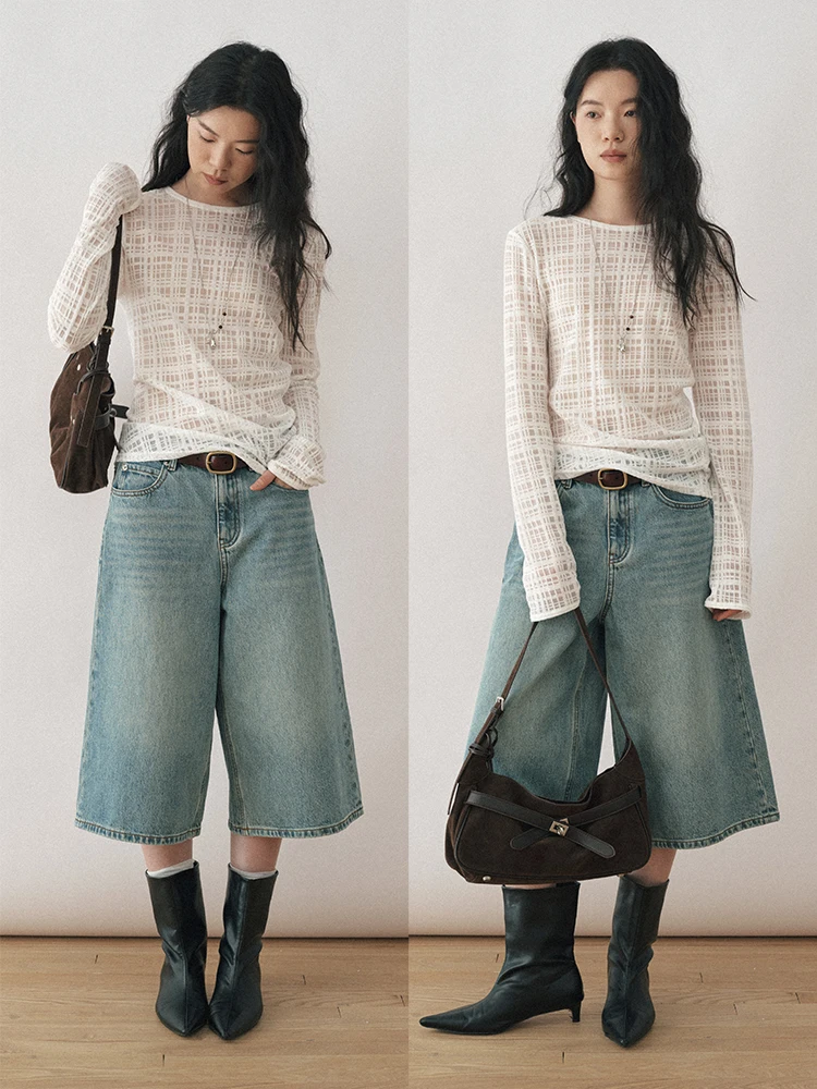 Popchrio Lazy Style Lightweight Long Sleeve round Neck Plaid T-Shirt Women's Autumn Base Layer Overlap Wear Inner Top Casual ...