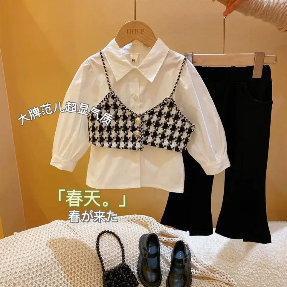 2026 Spring Autumn Baby Girls 3Pcs Outfit Flare Pants White Shirt Houndstooth Vest Children Clothing Set