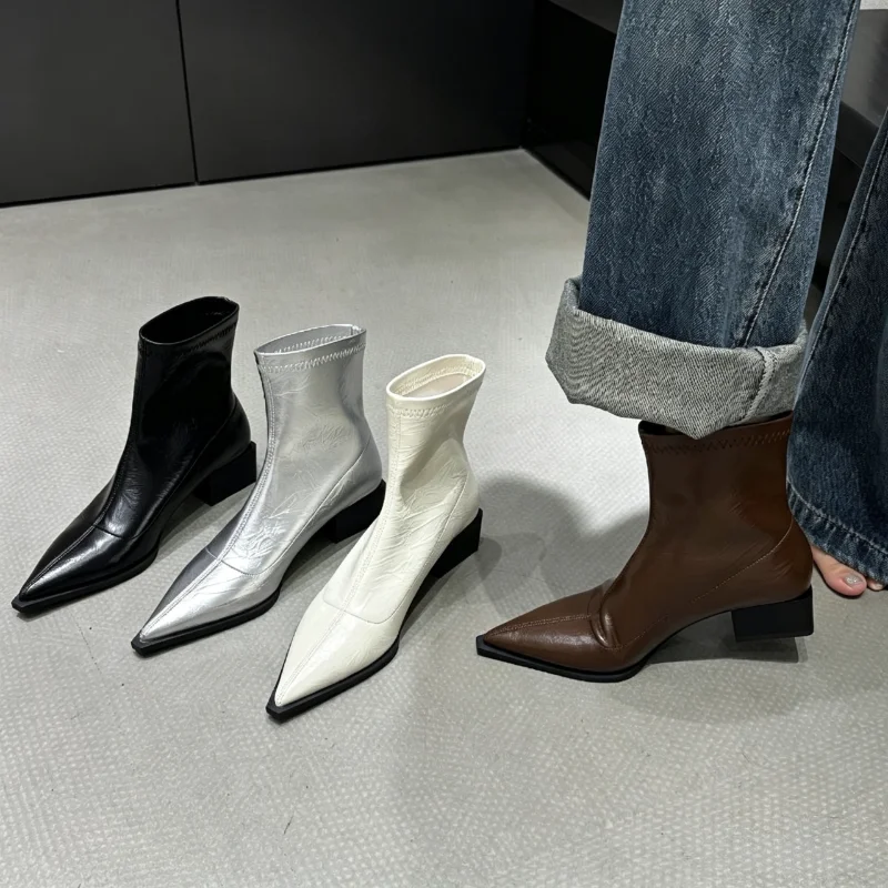Slip-on Soft-soled Chunky Heel Women's Leather Shoes Fashion Pointed Toe Slim Booties