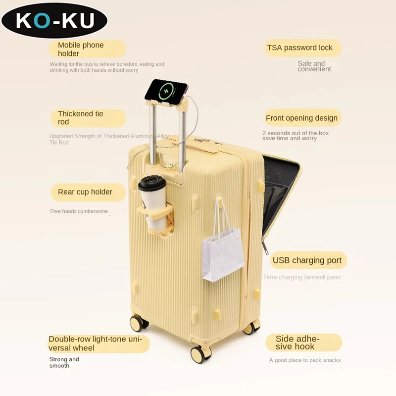 KO-KU Front Opening Luggage Female 2024 New Large Size Trolley Case 26 Inch Universal Wheel Suitcase 20\'\'Password Boarding Box