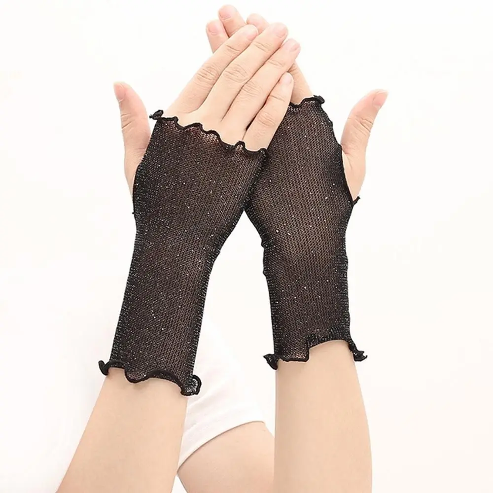 

Workout Elegant Elastic Transparent Touch Screen Anti-UV Ruffle Driving Women Mittens Fingerless Gloves Half Finger Gloves Mesh