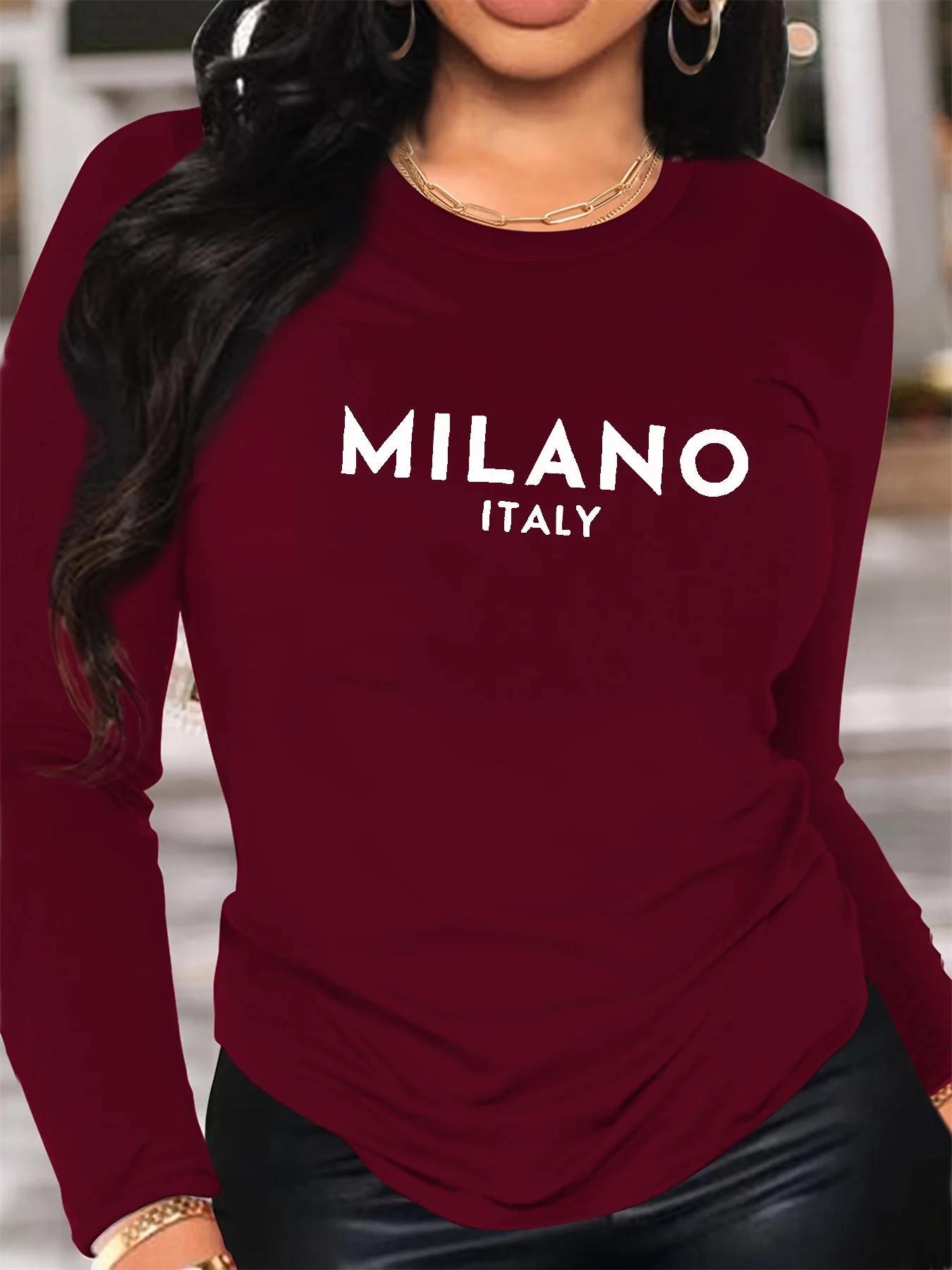 100% pure cotton women's spring and autumn comfortable casual long sleeved MILANO ITALIA pattern printed round neck T-shirt