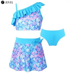 Kids Girls 3 Pieces Tankini Swimsuit Ruffles One Shoulder Crop Tops with Bottom Skirt Summer Beach Sport Swimwear Bathing Suit