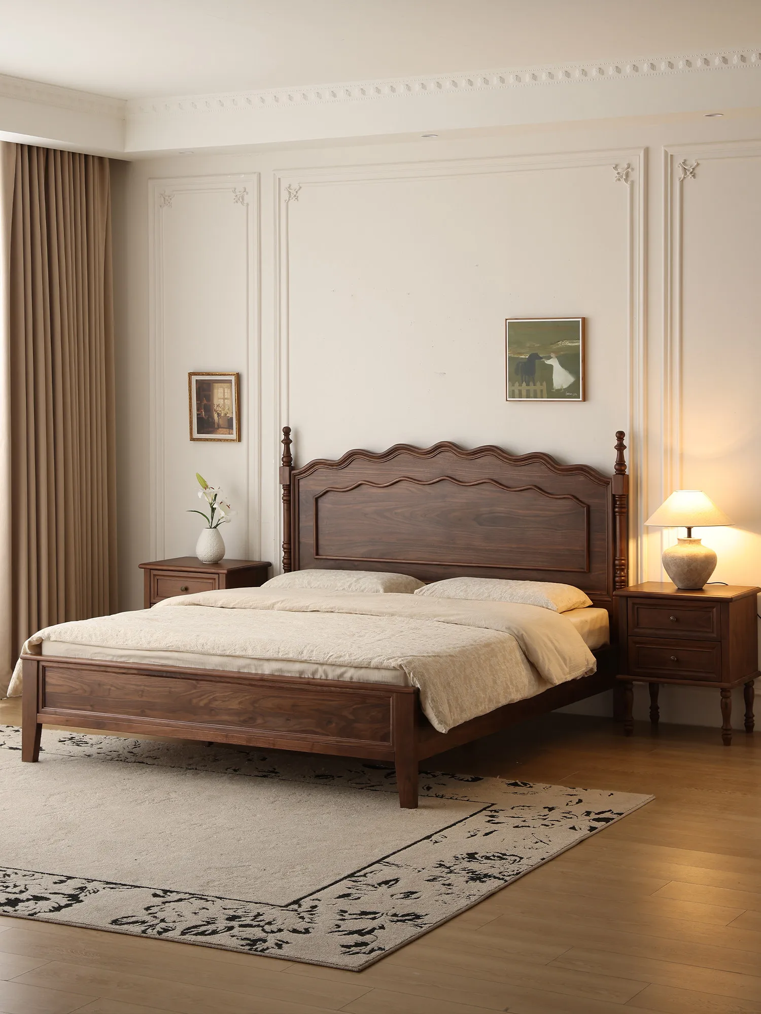 LMM French retro all solid wood double bed American log wedding bed 1 meter 8 double bed