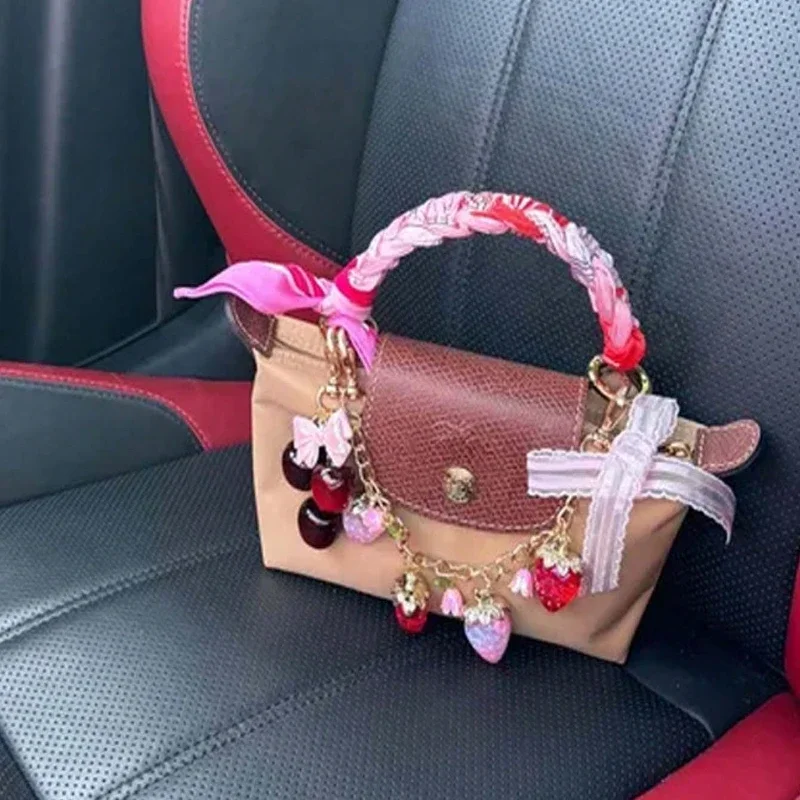 Cute Cherry Bowknot Keychain Glitter Resin Bag Charms Women Purse Pendant Replacement Accessories For Designer Handbags Car Keys