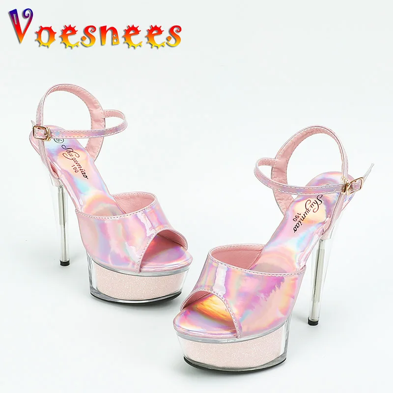 15CM Transparent Platform High Heels Patent Leather Sandals Sexy Women Pole Dance Shoes Nightclub Color-Changing Plus Size Pumps