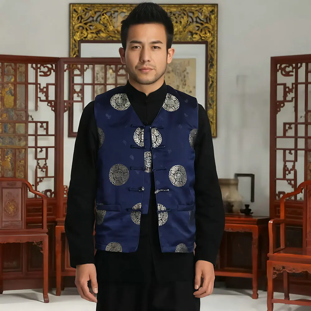 

Men's Luxury Brocade Textured Waistcoat Chinese Old Money Aesthetic Sleeveless Jacket Red Blue Auspicious Longevity Motifs Vest