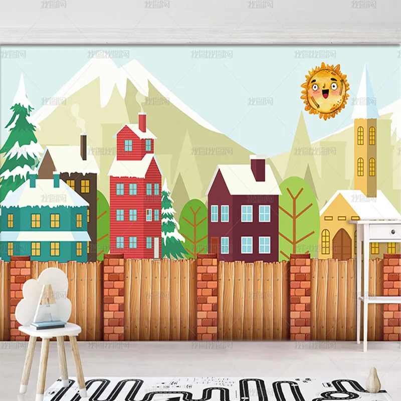 custom 3D hand painted house tree fence brick mural children's room TV living room background wall cartoon bedroom 8d restaurant