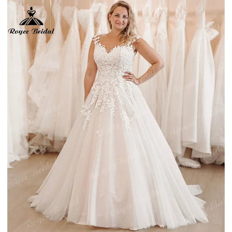 

A Line Cap Sleeve V Neck Backless Wedding Dress for Women Lace Appliques Plus Size vestidos de novia para boda por la iglesia