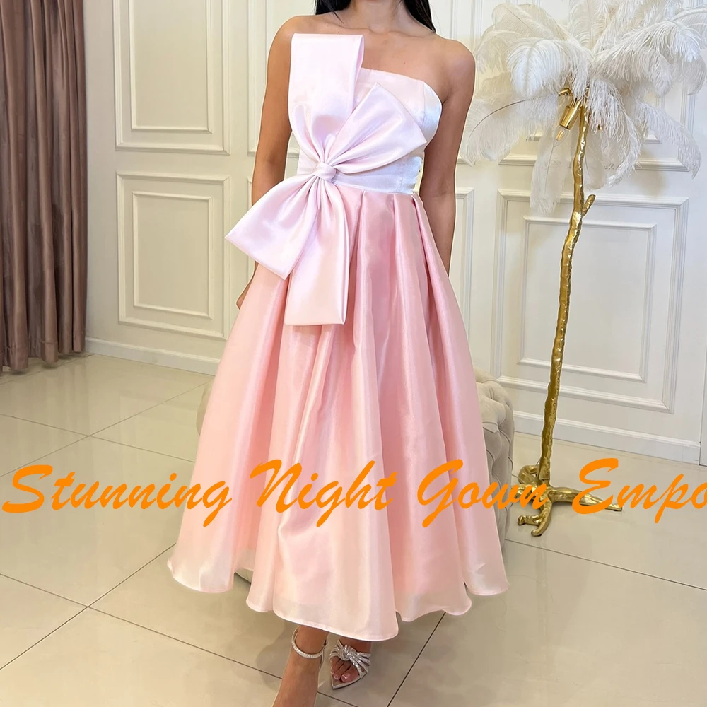 Customized Modern Tea Length Bow Pleats Strapless Evening Dresses Temperament A-Line Satin Pink Party Gowns vestidos de fiesta