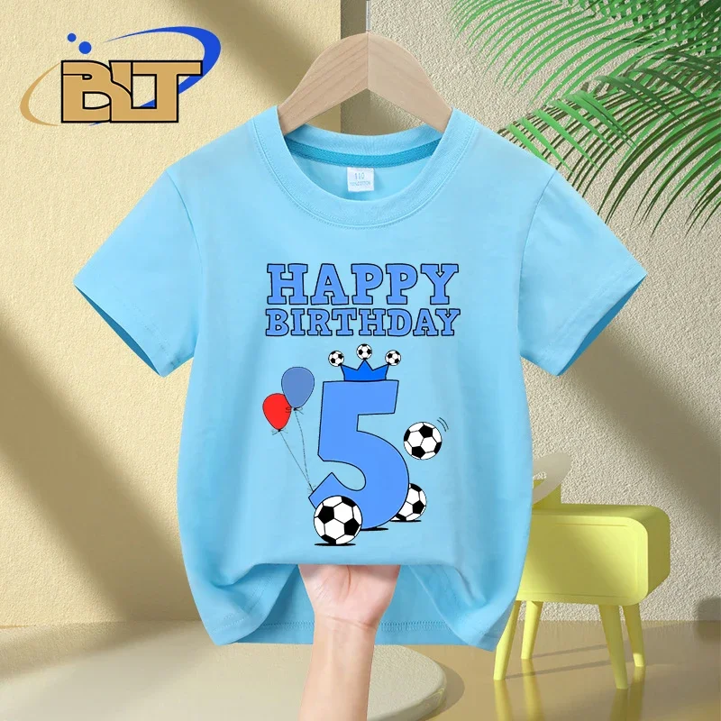 Camiseta con número de cumpleaños de fútbol para niños, tops casuales de manga corta de algodón, 5 ° cumpleaños, Verano