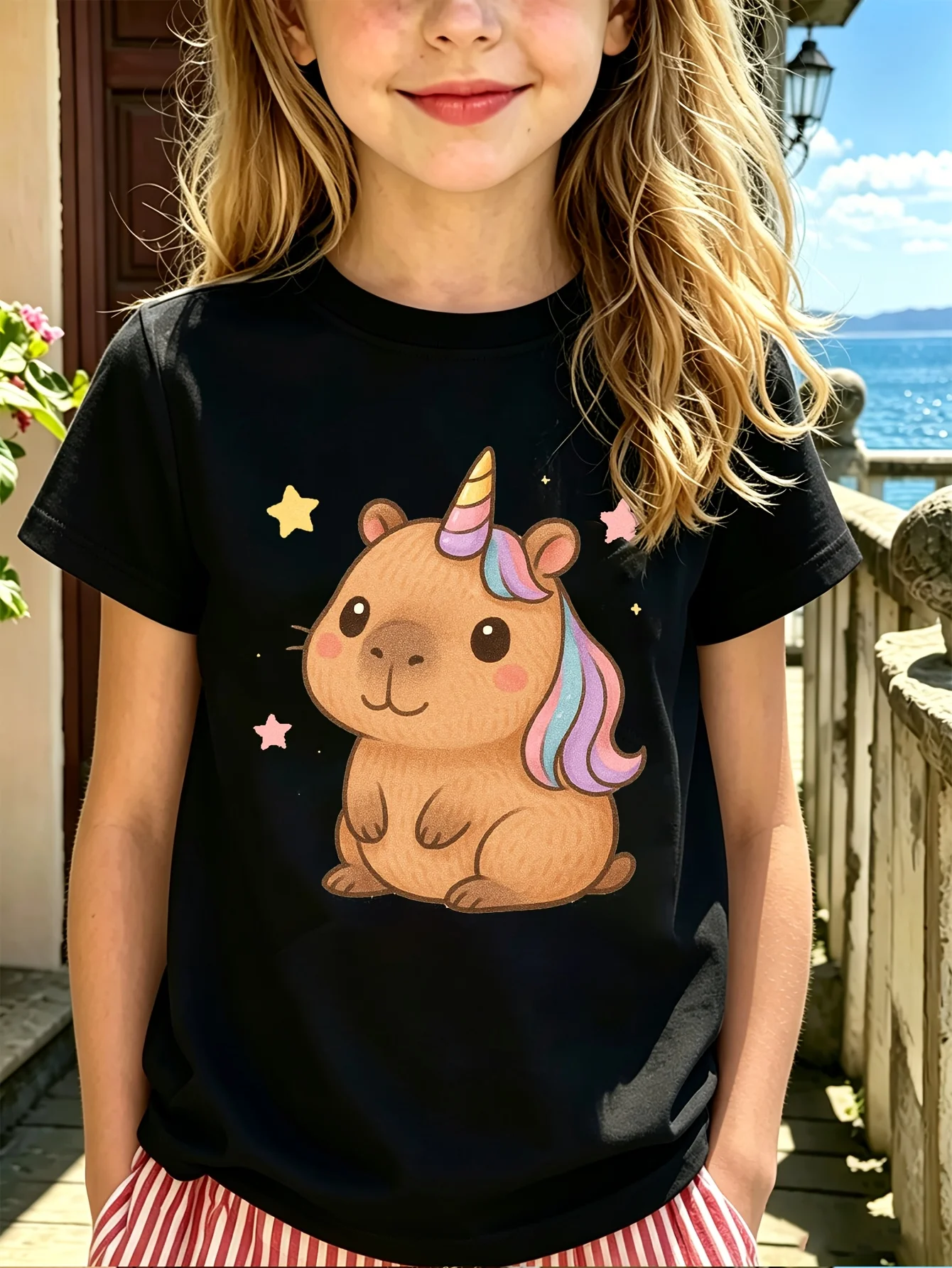 Unicorn Capybara Kids Tee Cute Cartoon Animal Star Graphic Print Boys Girls Family Matching Cotton Short Sleeve Children Tshirt