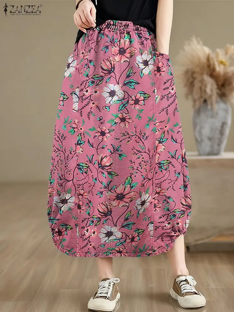 Vintage Women Skirts ZANZEA Retro Printed Jupes Casual Elastic Waist Baggy Sundress Floral Vestidos Bohemain Holiday Midi Skirt