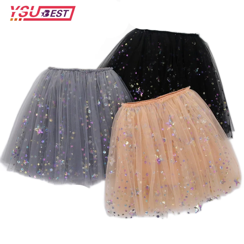 3-12Yrs Girls Starry Skirts Princess Mesh Tutu Summer Sequins Fantasy Snowflake Children Pleated Skirt Sweet Baby Party Tulle