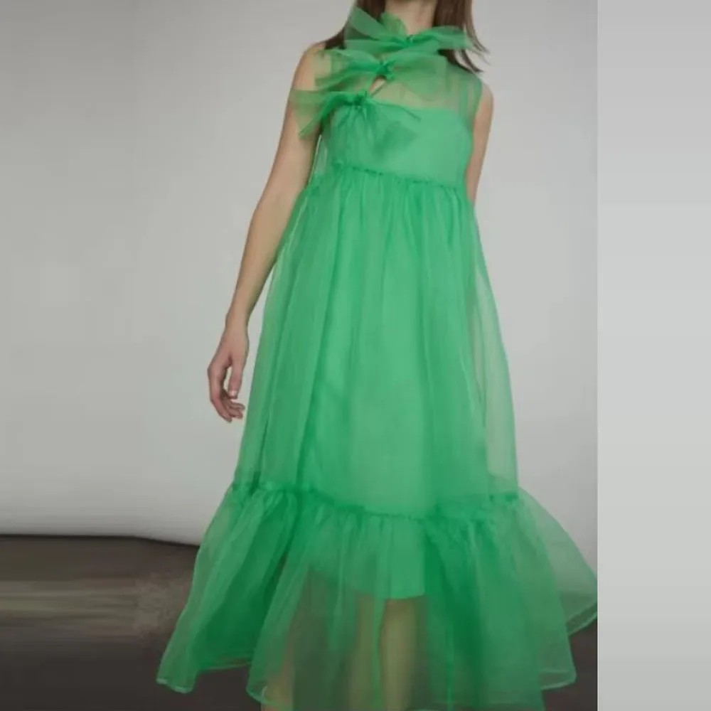 

Green Organza Party Dresses With Bows Ankle Length Sexy See Through Holiday Dress Women Birthday Wear