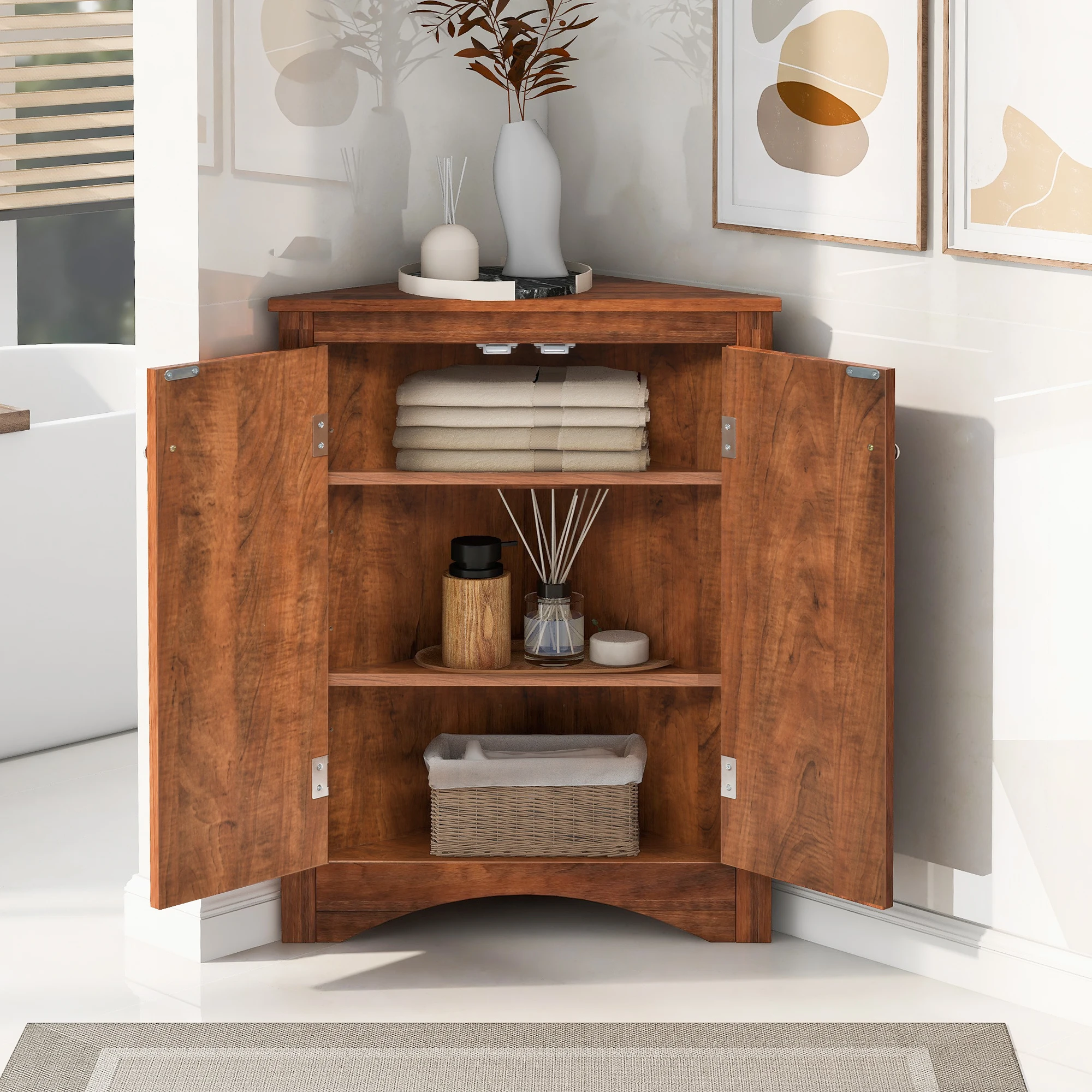 Brown Triangle Bathroom Storage Cabinet with Adjustable Shelves, Freestanding Floor Cabinet for Home