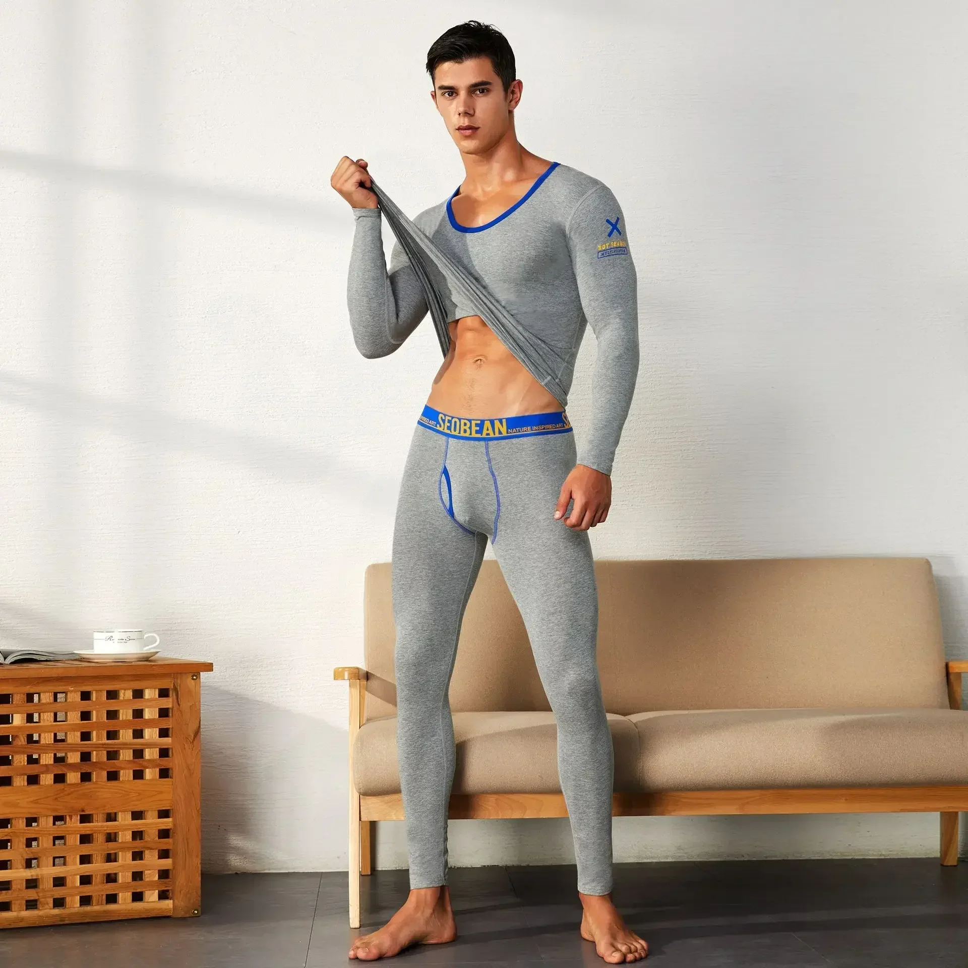 Men Thin Warm Thermal Suit, Thermal Shirt & Long Johns, Light Base Layer Underwear for Male