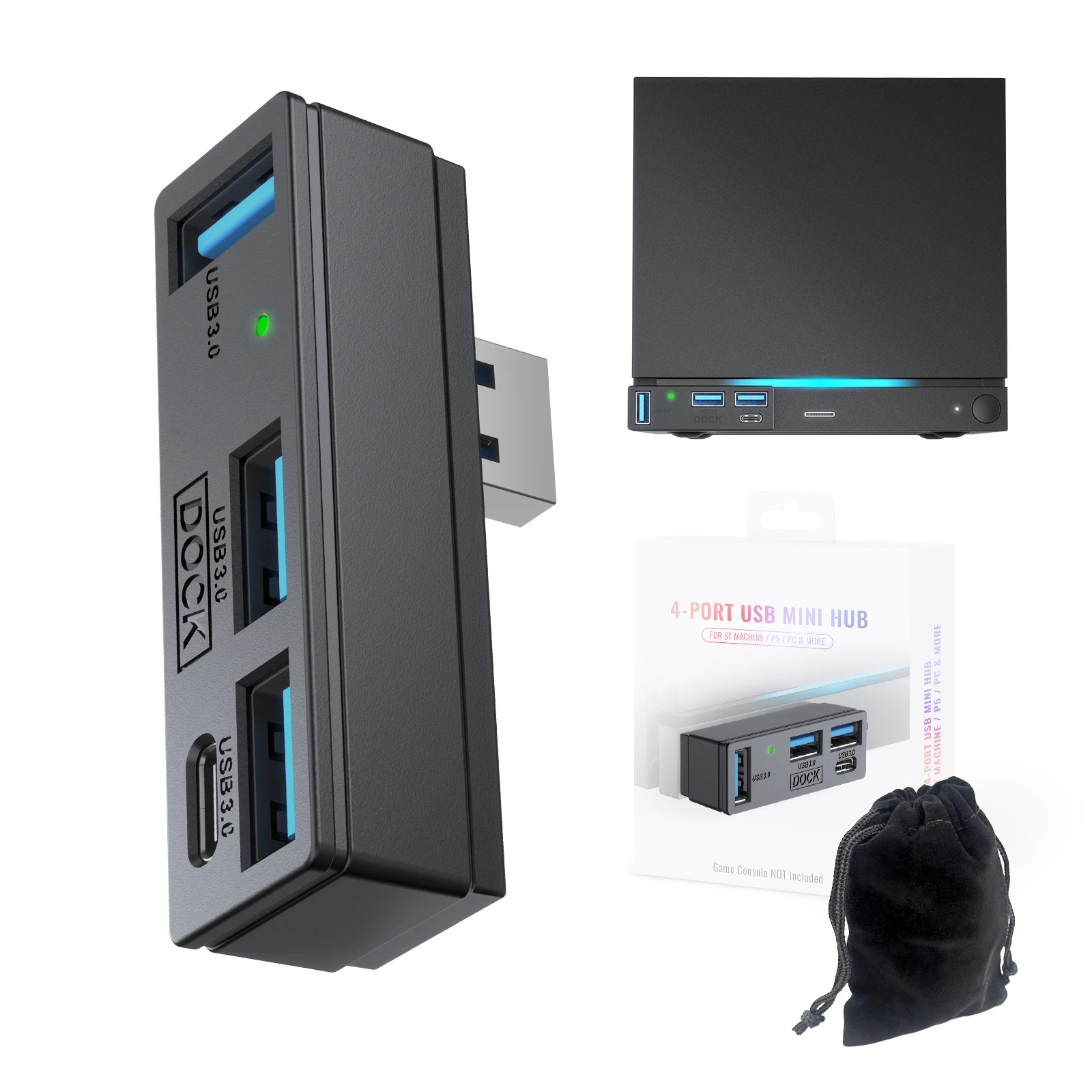 for Steam Machine USB 3.0 Hub 4 Ports 3 USB 3.0 and 1 Type C for PS5 PC Laptop 5Gbps Plug and Play with Pouch