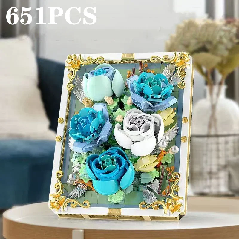 

651PCS Preserved Flower Photo Frame Building Blocks Blue White Rose 3D Puzzle Toy DIY Model Bricks Flower Kids Holiday Gifts