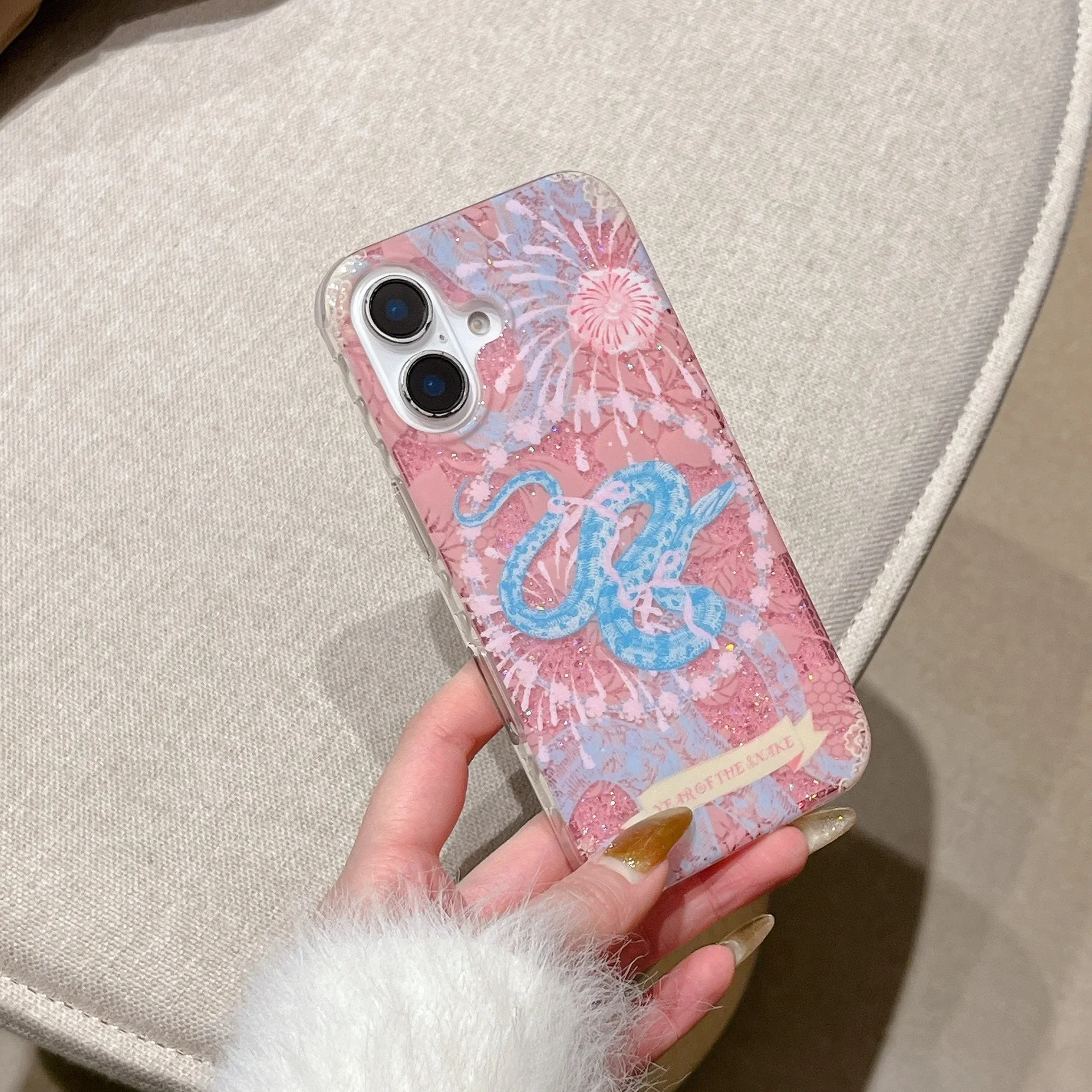 Pink Fireworks Jungle python Totems art Phone case For iPhone 16 15 14 13 Pro Max Case Luxury Cartoon glitter shockproof Cover