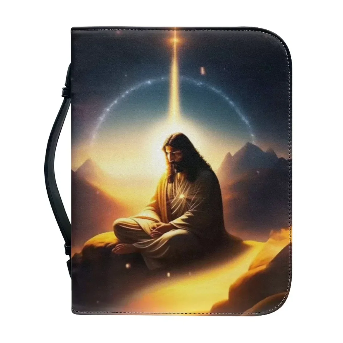 

Leather Bible Bag for Women Zippered Handle Handbags Christian Jesus Pattern Print Bible Cover Case Practical Bible Storage Bags