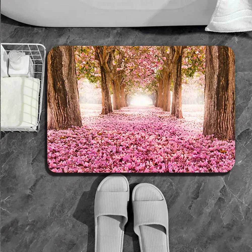 Cherry Tree With Geometric Rug For Bath And Kitchen Super Absorbent Quick Dry Rubber Backed Dirt Resistant Bath Rugs Mats