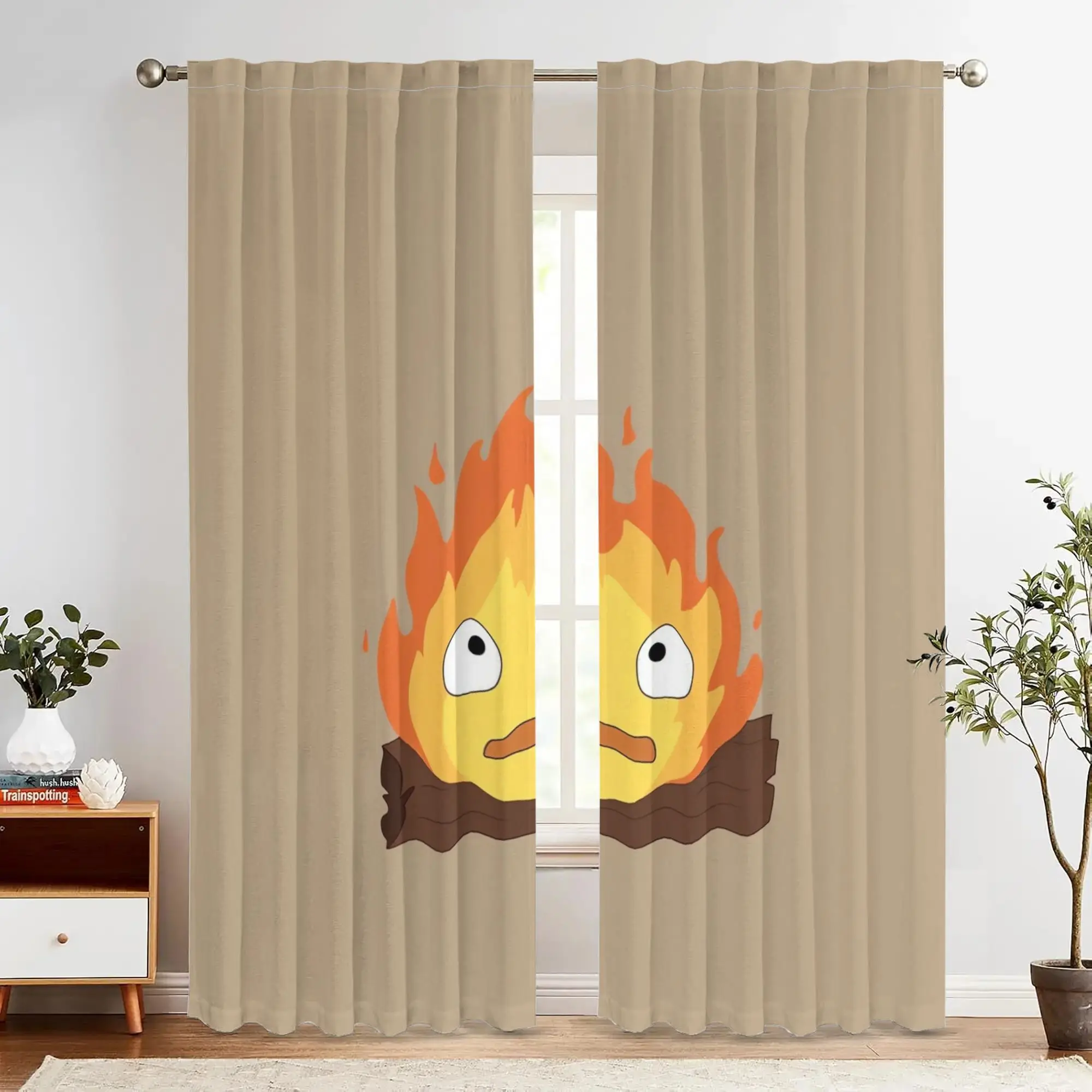 2pc Elegant vintage flame pattern curtains, made of polyester, machine washable, suitable for living room and office décor.