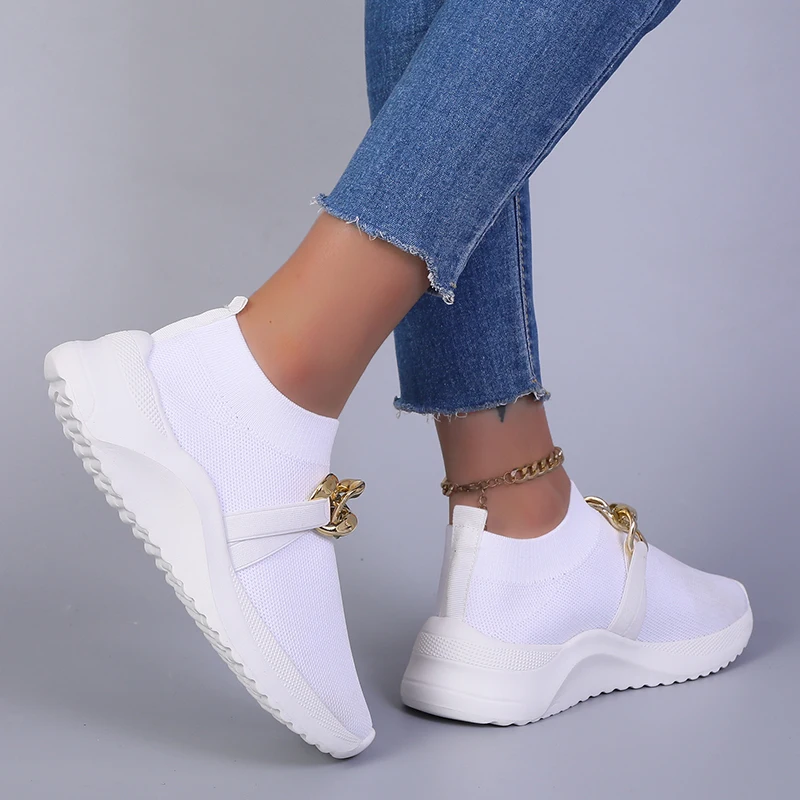 Breathable Knitting Flats Shoes for Women 2024 Autumn Fashion Chain Sports Shoes Woman Platform Slip on Socks Sneakers Plus Size