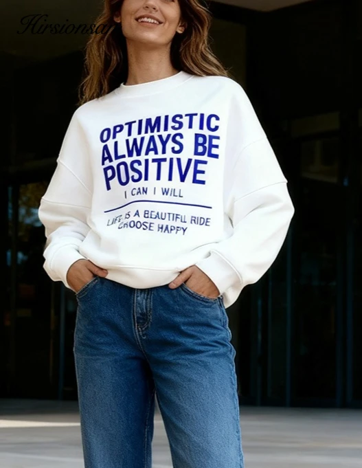 

Hirsionsan флисовый свитшот с круглым вырезом «OPTIMISTIC ALWAYS BE POSITIVEl» с надписью Ins, женский свитшот, осень 2021, новое поступление