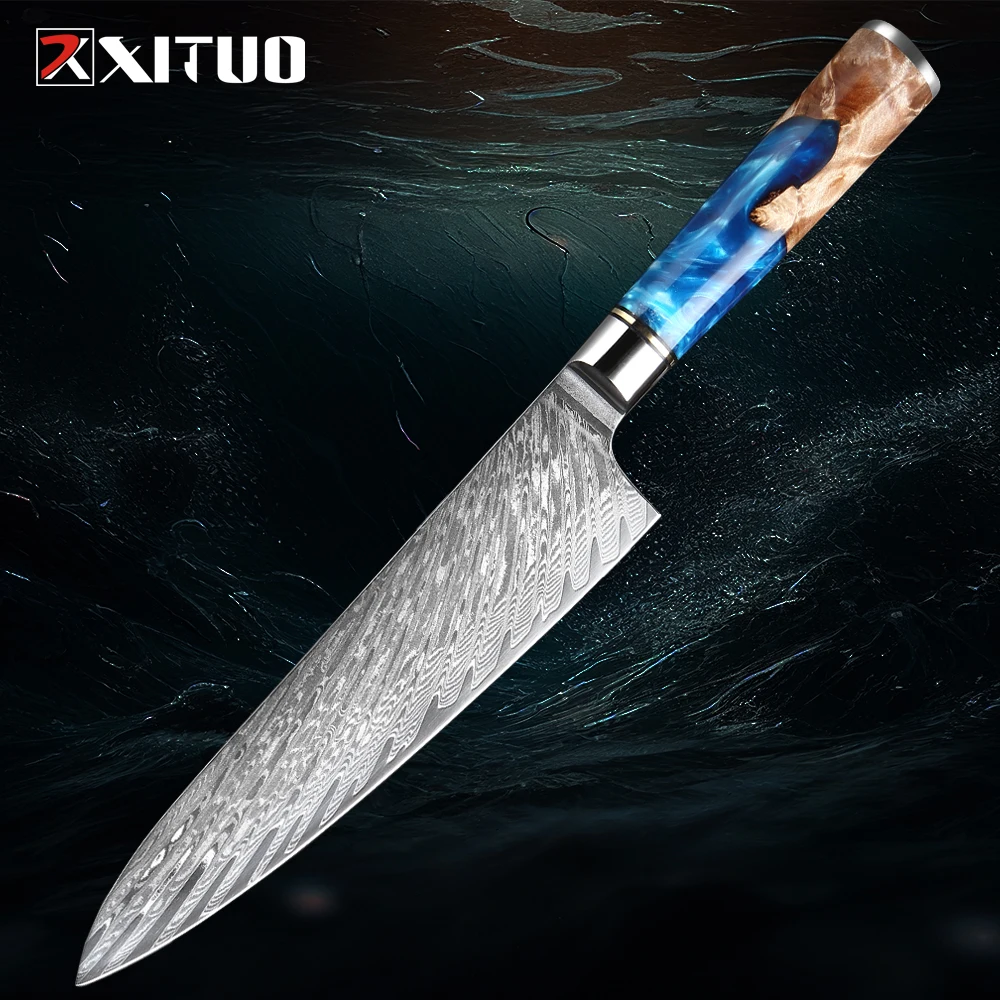 8 inch Damascus Steel Chef Knife Blue Resin Handle Kitchen Stainless Steel Sharp Tool Chef's Knife