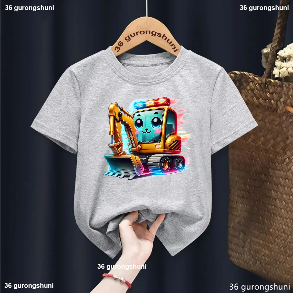 Cute Digging Machine Printed T Shirt Girls/Boys Construction Vehicles Kids Clothes Harajuku Kawaii Solid T-Shirt Summer Tops Tee