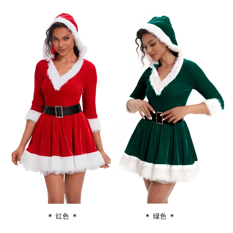 Trajes de Natal feminino, vestido em diferentes tamanhos, adulto