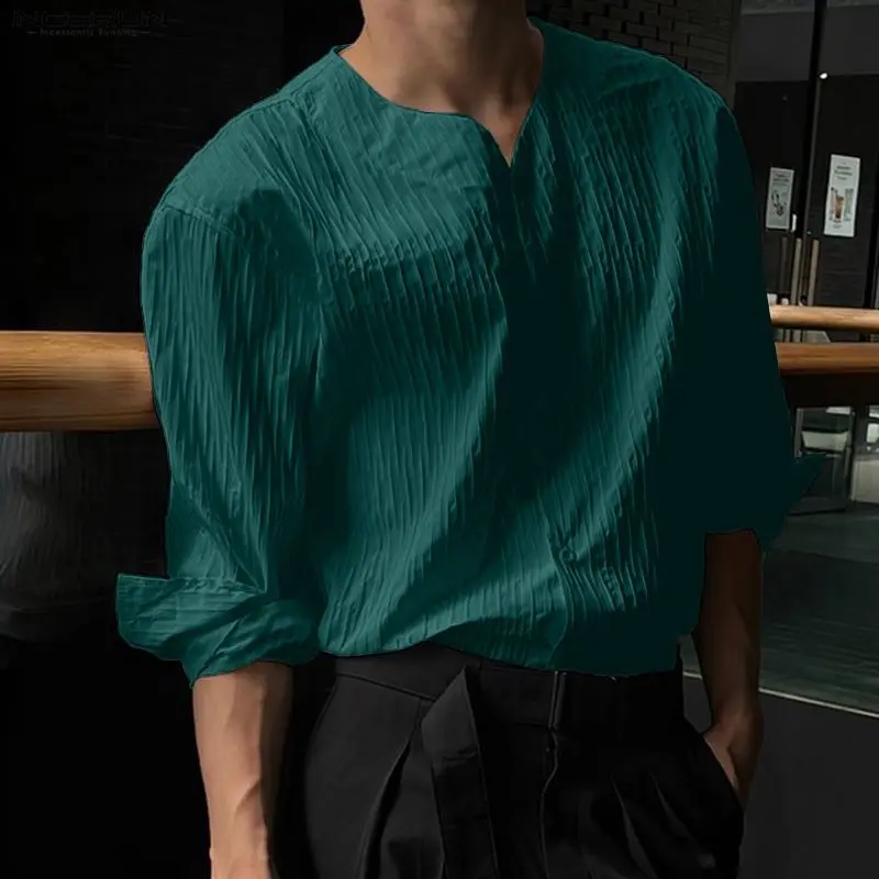 

INCERUN Мужская рубашка Сплошной цвет с v-образным вырезом и длинным рукавом на пуговицах Повседневная мужская одежда Свободная уличная одежда Модные топы для отдыха Мужские рубашки