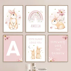 Cute Watercolor Rabbit Rainbow Flowers Nursery Wall Art Canvas Painting Cartoon Posters And Prints Pictures Baby Kids Room Decor