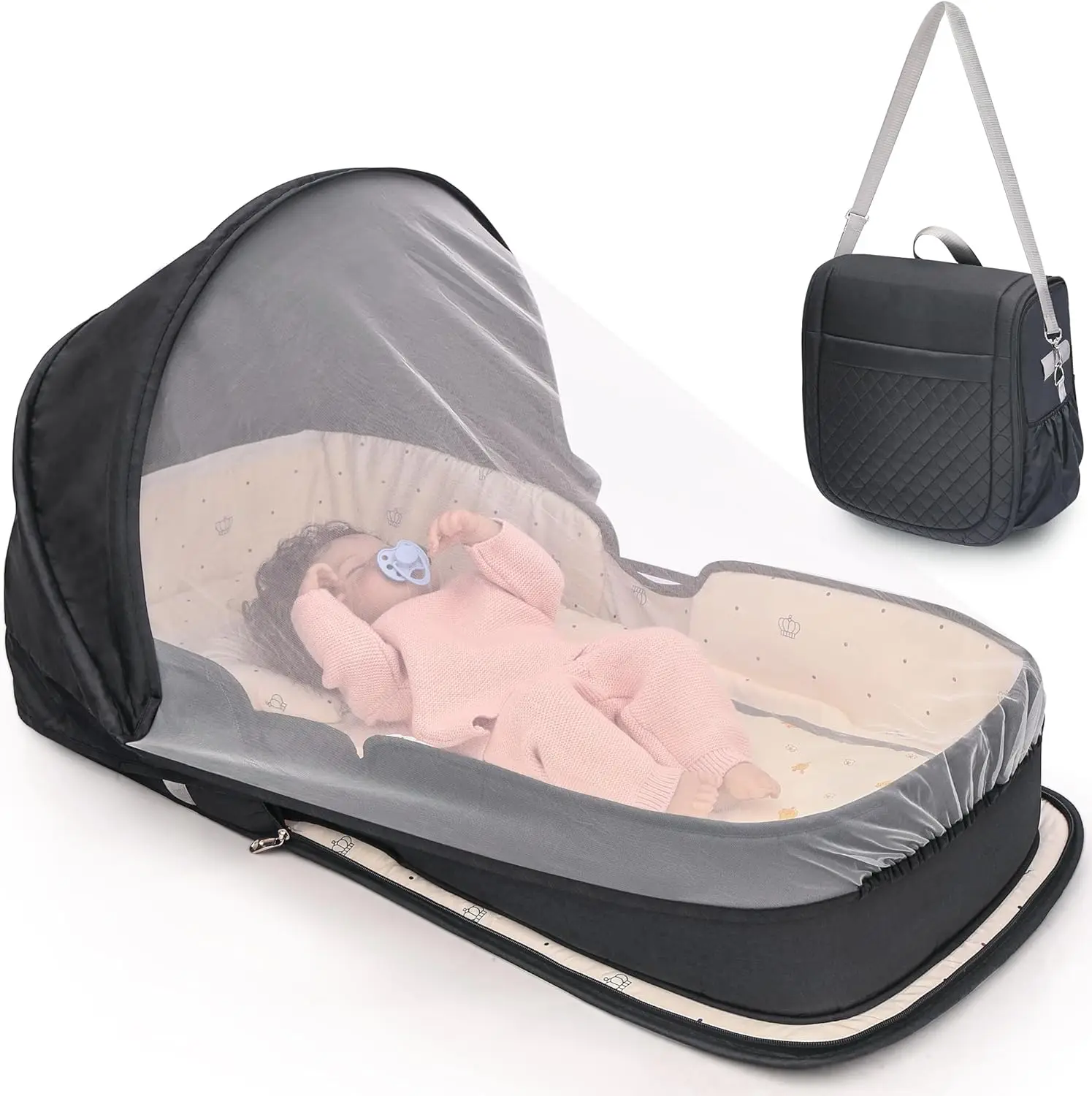 

Portable Travel Bassinet for Babies 0-8 Months, Lightweight Foldable with Mosquito Net and Co-Sleeping Design
