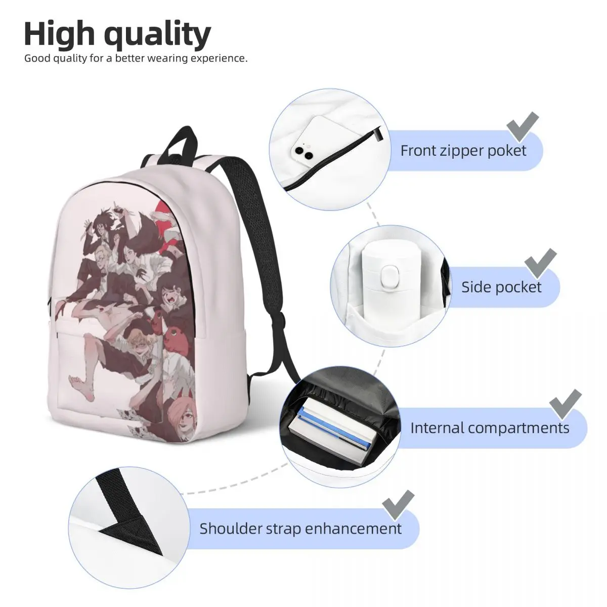 체인소 맨 백팩 스포츠 고등학교 작업 마키마 파워 하야카와 아키 레제 남성 여성용 데이팩 노트북 컴퓨터 숄더백