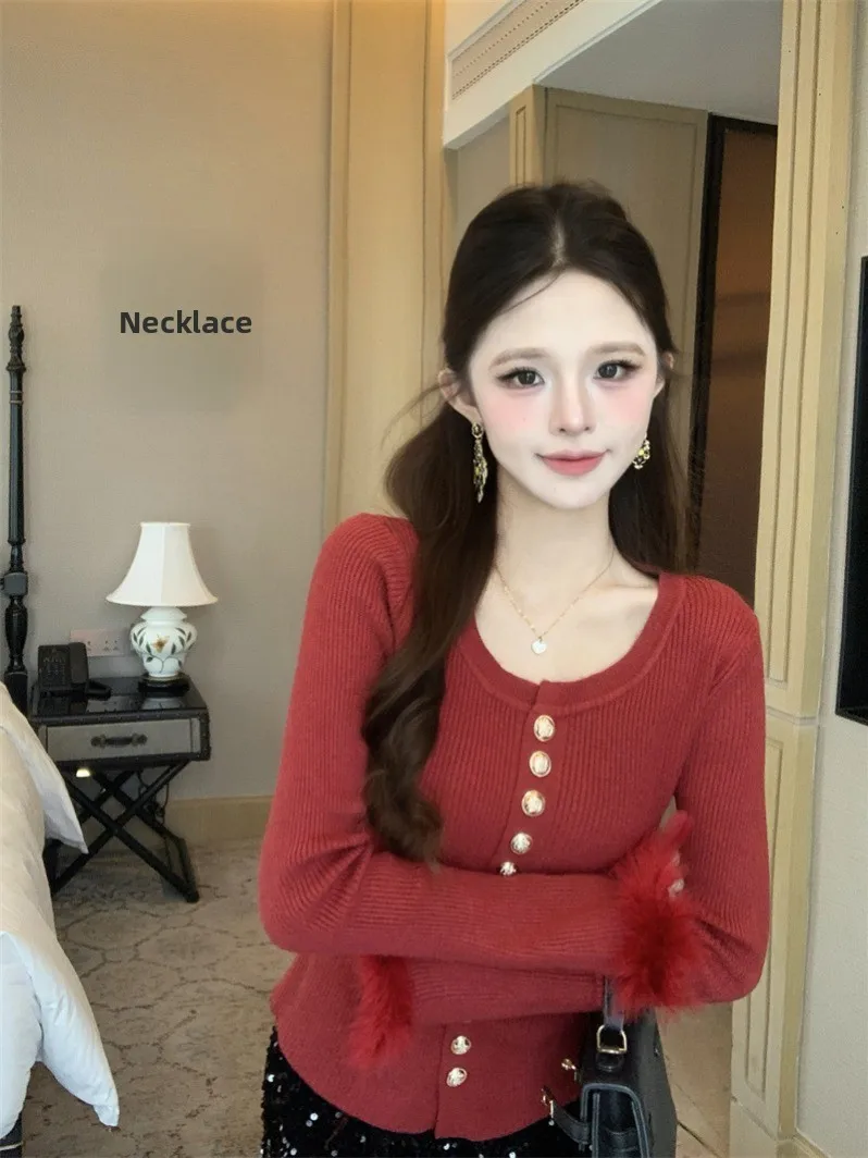 

Unique Beautiful Red Knitted Base irt Women's Spring Inner Wear Slim Fit Personali Sweater Luxury Sle Long Sve round...